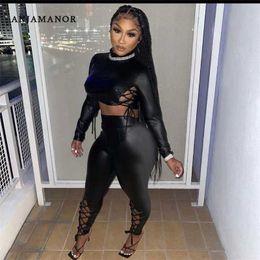 Women's Two Piece Pants ANJAMANOR PU Leather Pant Suits Sexy Club Outfits for Women Winter Clothing 2021 Black Long Slve Bandage 2 Piece Set D44-EB50 T240507