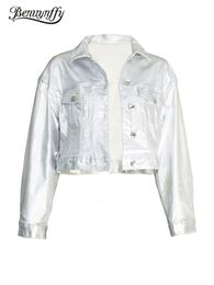 Benuynffy Silver Faux Leather Jacket for Women Single Breasted Moto Biker Coat Short PU Spring and Autumn Fashion 240430