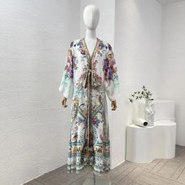 Casual Dresses 2024 Collection White Floral Peacock Print Long Sleeve Diamonds Pressed V-Neck Lace-up Midi Dress For Women