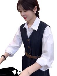 Work Dresses 2024 Korean Suit Skirt Womens Autumn White Shirt Retro V-neck Cowboy Vest Stacked Shirt.