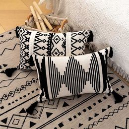 Cushion/Decorative Black White Geometric Tassels Cushion Cover 45x45cm Tufted Cotton Woven Covers Handmade for Home Decoration Sofa Bed