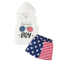 Clothing Sets 0-24Months Baby Boy 4th Of July Outfits Letter Print Hooded Tank Tops Elastic Waist Striped Shorts Infant Boys Summer Set