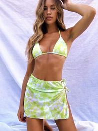 Women's Swimwear SKMY Beach Outfits For Women Bikini Tie Dyed 2024 Bra Crop Top Shorts And Mini Skirt 3 Piece Sets Swimsuits