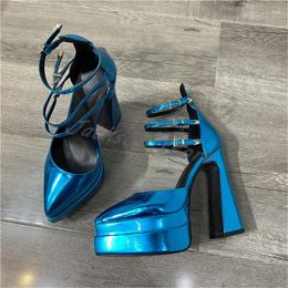 Dress Shoes Belt Buckle Summer High Heel Pointed Toe Sandals Women Platform Thick Elegant Pumps Party Patent Leather Sexy Ladies