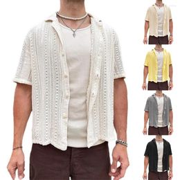 Men's Casual Shirts Summer Mens Knitted Beach Solid Colour Short-sleeved Tops Fashionable Hollow Out Knit Cardigan Male Knitting Shirt