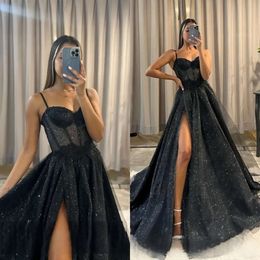 Corpete de osso alto sexy split glitter uma linha vestido de noite de festa preto vestidos de trem para OCNs especiais es