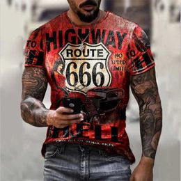 Men's T-Shirts 2023 Summer Mens T-shirt Route 666 3D Printed Short Slve Fashion Oversized Loose Tops Ts O-Neck Casual Retro Men Clothing T240505