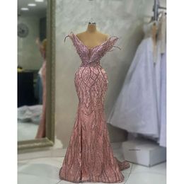 Sparkly Mermaid Prom Dresses Sleeveless V Neck Appliques Sequins Floor Length Bead Celebrity Diamonds Si Slit Evening Dress Bridal Gowns Plus Size Custom 0431