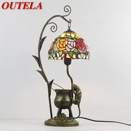 Table Lamps OUTELA Tiffany Glass Light LED Creative Resin Bedside Desk Lamp Flower Shape Lampshade For Home Living Room Bedroom