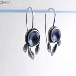 Dangle Chandelier 2023 New Oval Deep Blue Gem Womens Earrings Fashion Silver Leaf Metal Design Hook Earrings Party Jewellery XW