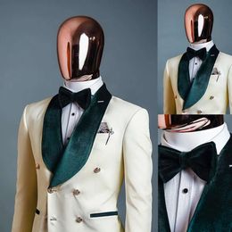 정장 남자 턱시도 1 흰색 조각 ​​웨딩 턱시도 그린 베트 숄 로블 더블 가슴 포켓 맞춤형 코트 바지 패션 형식 캐주얼 무도회 테일러드