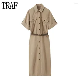 Party Dresses 2024 Office Shirt Dress Women Belt Button Long For Woman Short Sleeve Midi Spring Collared Female