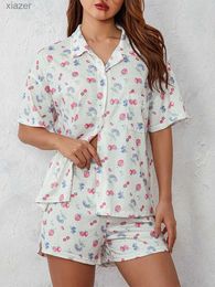 Kvinnors sömnkläder Kvinnor 2-stycken Pyjama Set Short Sleeved Fruit Flower Printed Button Down Shirt Set Söt och unik casual slitage WX