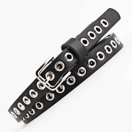 ccessories Women Belt Punk Cool Metal Buckle Adjustable Double Eyelet Grommet Leather Fashion Waistband For Jeans Dress Waist Belt J240506