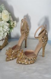 Champagne Golden crystal women Wedding shoes high heels ankle strap shoe party dress 2203157930319