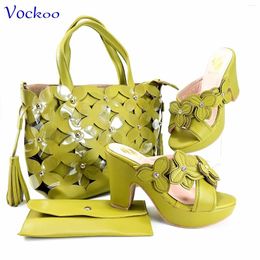 Dress Shoes Classics Style Slipper With Platform Elegant African Women Matching Bag Set In Lemon Green Colour For Wedding Party