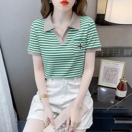 Women's Polos Black Short Sleeve Tee Clothes Embroidery Striped T Shirts Polo Neck Shirt Top Red With Collar Trend Summer 2024 Youth V