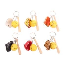 Keychains Lanyards 3D PU Colourful Mini Baseball Glove Wooden Bat Keychain Sports Car Key Chain Key Ring Gift For Women Men Gift