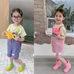 Clothing Sets Girls Set Striped O-neck Short Sleeve T-shirt Sweet Bright Color Knee Length Overalls Two Piece 2024 Summer Loose Casual