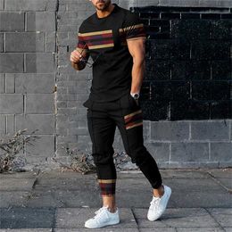 Men's Tracksuits Summer Mens Tracksuit Set Trousers Outfits 2 Piece 3D Printed Short Slve T Shirt+Long Pants Casual Strt Trend Male Clothing T240505