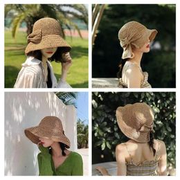 Wide Brim Hats Summer For Women Hat Retro Beach Ladies Fashion Flat Brom Bowknot Lady Casual Straw T6i2