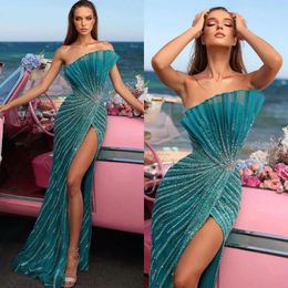 Dresses Evening Tail Mermaid Blue Strapless Party Prom Split Pleats Crystal Beads Formal Long Red Carpet Dress For Special Ocn