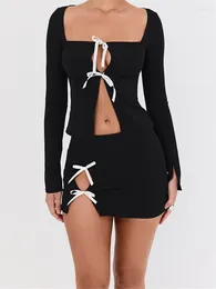 Work Dresses 2 Piece Sets Womens Bow Tie-up Cutout Long Sleeve Square Neck Tops And Split Mini Skirt Spring Fall Sexy Clothes