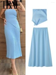 Work Dresses Thin Stretch Knitted Women Midi Skirt Suits 2024 Spring Sleeveless Strapless Asymmetric Female Crop Top Sets Y2K