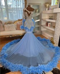 Sky Blue Long Sleeve Sliver Crystal Beading Prom Dress For Black Girls Mermaid Evening Dresses Long Luxury 2024 Party Gown