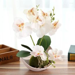 Decorative Flowers Phalaenopsis Three-prong Large Bonsai Simulation Flower Artificial Silk Pot Home Office Decoration