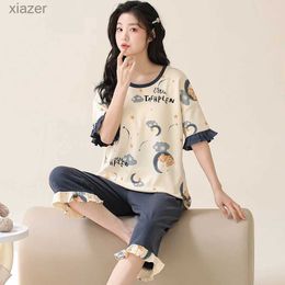 Women's Sleepwear Large size 5XL cotton womens pajama set with cute printed pajamas short sleeved casual tracksuit 2 sexy summer home lounge gifts WX