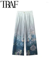 Women's Pants GAL Retro Style Printed Women Satin High Waist Pleated 2024 Spring Female Fashion Full Length Wide Pant Y2K Trousers