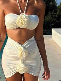 Women's Swimwear 2024 New Sexy 3D Flower Thr Bikini Swimsuit Set Womens Sling Push Up Beach Suit H240507