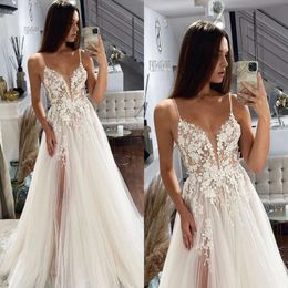 Linie für eine sexy Kleider Braut Spaghetti Applices Hochzeitskleid Sweep Zug der Oberschenkel Schlitz Langer Designer Brautkleider Ppliquen