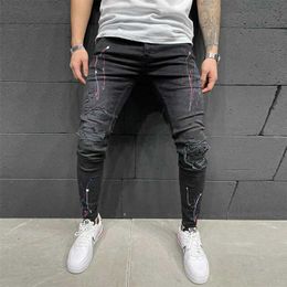 Men's Jeans Fashion Mens Paint Printing Ripped Skinny Jeans Patchwork Slim fit Biker Pencil Pants Hip Hop Jeans Male Casual Denim Trouses Y240507