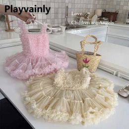 Girl's Dresses Korean Style Summer Baby Girl Tutu Dress Pink Square Collar Sleeveless Sling Mesh Princess Party Sweet Kids Clothing EX205 H240507