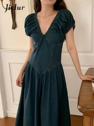 Party Dresses Backless Vintage High Waist Denim Female Dress V-neck Pleated Lace-up Puff Sleeve Women French Style Simple