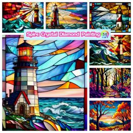 Stitch Stained Glass Crystal Drills Diamond Mosaic Painting Embroidery New 2023 Lighthouse Flowers Horse Cross Stitch Kits Home Decor