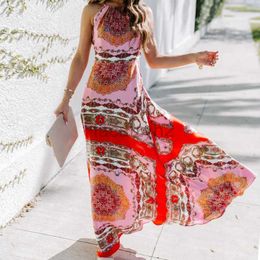 Designer Dress Summer New Exotic Print Long Dress Bohemian Hanging Neck Beach Dress Women Plus size Dresses