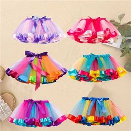 tutu Dress Fashion Kids Mesh Miniskirts Girls Princess Rainbow Colorful Dance Ballet Tutu Skirt Summer Party Dress Elastic Cloth 1-8Y d240507