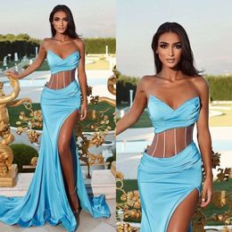 Klänning sjöjungfru prom Lake Blue Illusion Bodice midja älskling formella aftonklänningar eleganta veck festklänningar för speciella OCNS Split Robe de Soiree Es