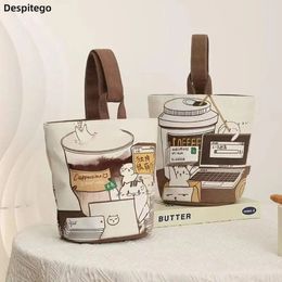 Cartoon Canvas Coffee Cat Bucket Bag Korean Style Handbag Outing Shopping Women Sweet Cute 240429