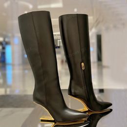 Winter New Black Genuine leather Pointed Toes Zip tall boot Knee Boots Gold metal carved heel Luxury for women luxury designer brand Fashion Boots factory footwear