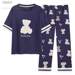 Women's Sleepwear Big 5XL Pajama Set Short Sleeve Cartoon Bear Knitted Pure Cotton Pajamas Elegant Womens Pajamas Lounge Home Pajamas Sleeveless WX