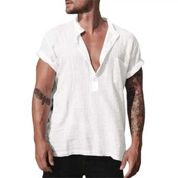 Men's Polos Summer short sleeved formal mens elegant linen shirt loose white social shirt mens pocket casual mens topL2405