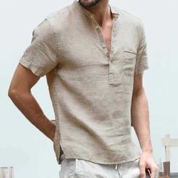 Men's Polos Mens casual hip-hop popular T-shirt summer short sleeved linen shirt with stand up collar solid short sleeved shirtL2405