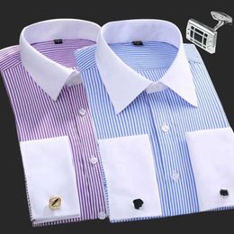 Men's Dress Shirts New M~6XL Cotton Mens French Cuffs Business Long Sle Shirt Stripes Comfortable Standard Elegant Formal Shirts Cufflink Top d240507