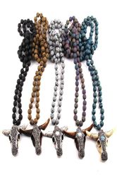 Pendant Necklaces Fashion Bohemian Tribal Jewelry Multi Lava Stones Long Knotted Handmade Paved Bull Head Necklace For WomenPendan5618469