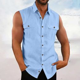 Men's Polos Mens linen summer shirt beach top black wine sleeveless solid Hawaiian T-shirt collar sports shirtL2405