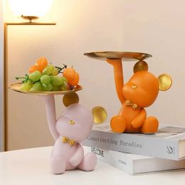 Decorative Objects Figurines Nordic Creative Bear Storage Tray Resin Figurines Modern Home Decor Figurines Birthday Gift Living Candy Key Disc Holder Plate T24050
